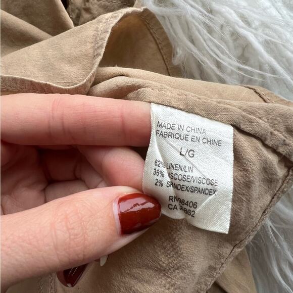 THEORY WOMENS SHORT SLEEVE BUTTON DOWN LINNEN SPANDEX KHAKI LARGE - Picture 5 of 6